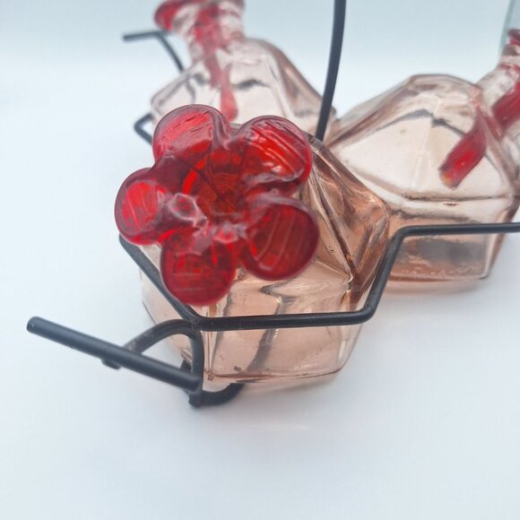 Parasol Triple Hummingbird Feeder Pink Glass Metal Holder Hanging Vintage Flower - Picture 2 of 10